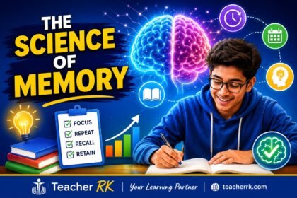 Science of memory concept showing a student studying with brain illustration, active recall and spaced repetition techniques