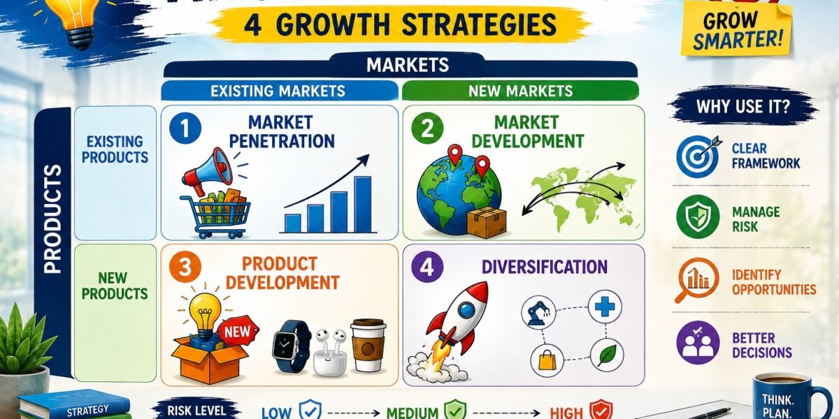 Ansoff Matrix showing four growth strategies: market penetration, market development, product development, and diversification