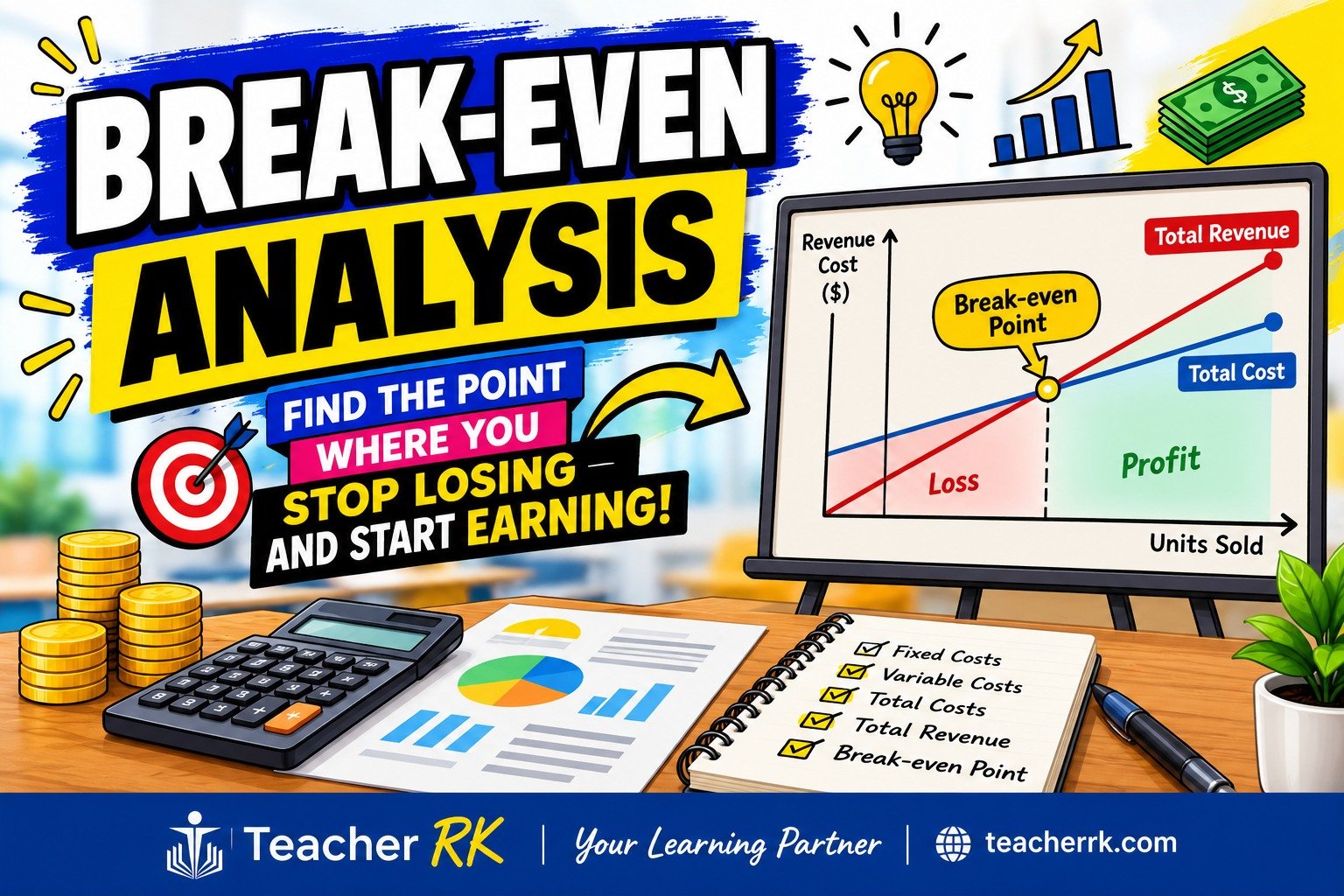 Break-even analysis diagram showing fixed costs, variable costs and break-even point